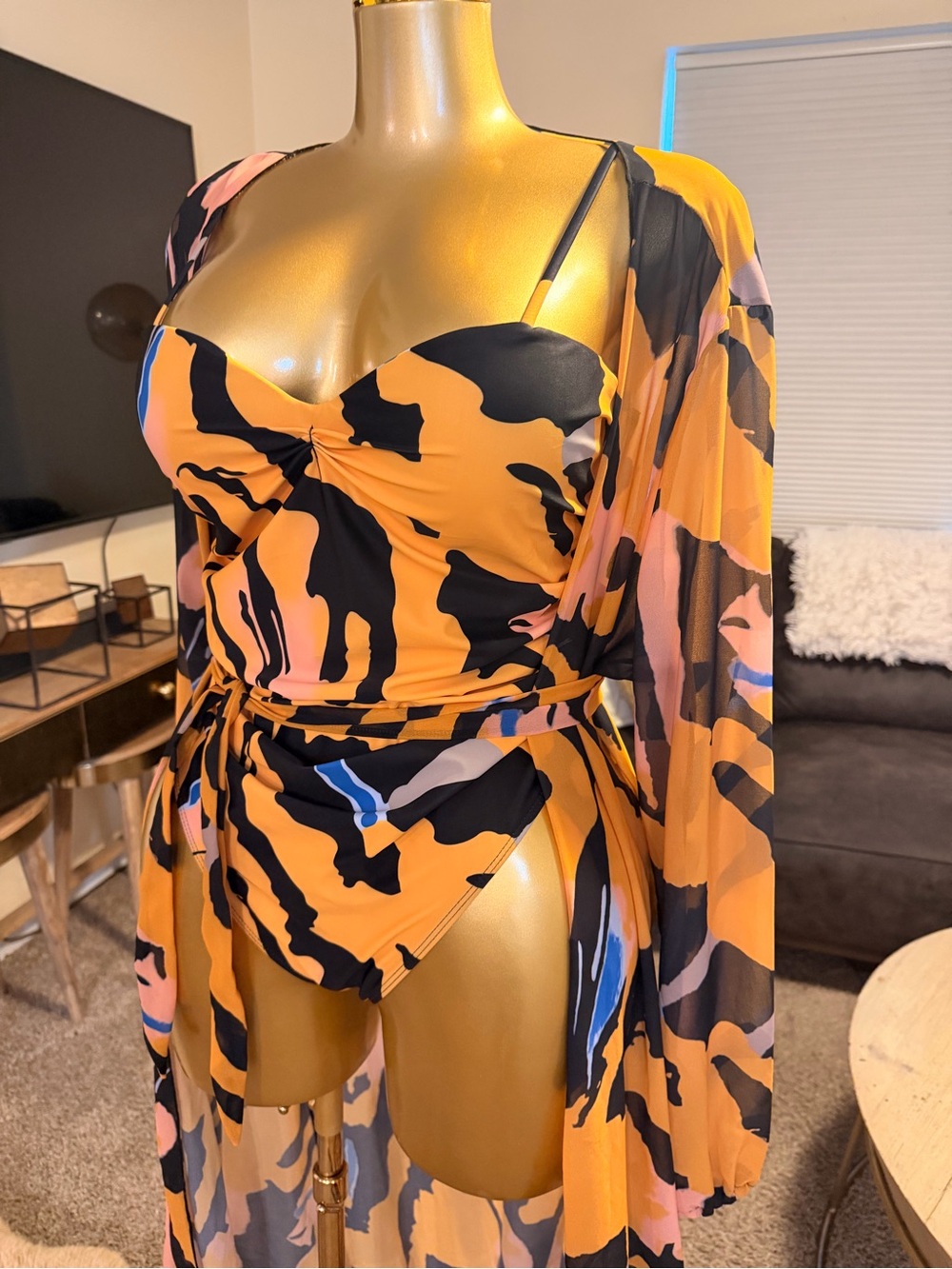 Women’s Orange & Black Printed Swim Coverup Set